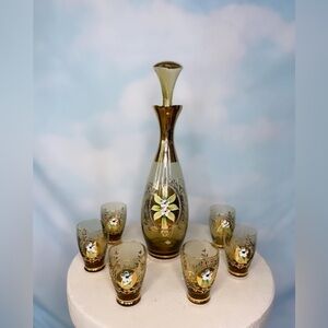 Vintage MCM Italian glass decanter with 6 glasses, hand painted flowers